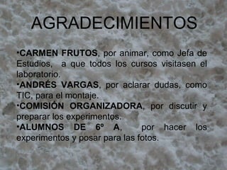 AGRADECIMIENTOS CARMEN FRUTOS , por animar, como Jefa de Estudios,  a que todos los cursos visitasen el laboratorio. ANDRÉS VARGAS , por aclarar dudas, como TIC, para el montaje. COMISIÓN ORGANIZADORA , por discutir y preparar los experimentos. ALUMNOS DE 6º A ,  por hacer los experimentos y posar para las fotos. 