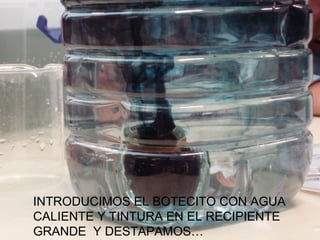 INTRODUCIMOS EL BOTECITO CON AGUA CALIENTE Y TINTURA EN EL RECIPIENTE GRANDE  Y DESTAPAMOS… 