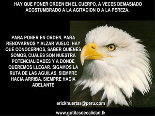 HAY QUE PONER ORDEN EN EL CUERPO, A VECES DEMASIADO ACOSTUMBRADO A LA AGITACION O A LA PEREZA. [email_address] www.gotitasdecalidad.tk PARA PONER EN ORDEN, PARA RENOVARNOS Y ALZAR VUELO, HAY QUE CONOCERNOS, SABER QUIENES SOMOS, CUALES SON NUESTRA POTENCIALIDADES Y A DONDE QUEREMOS LLEGAR. SIGAMOS LA RUTA DE LAS AGUILAS, SIEMPRE HACIA ARRIBA, SIEMPRE HACIA ADELANTE 