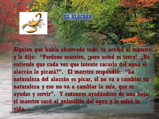 Alguien que había observado todo, se acercó al maestro y le dijo:  “Perdone maestro, ¡pero usted es terco!  ¿No entiende que cada vez que intente sacarlo del agua el alacrán lo picará?”.  El maestro respondió:  “La naturaleza del alacrán es picar, el no va a cambiar su naturaleza y eso no va a cambiar la mía, que es ayudar y servir”.  Y entonces ayudándose de una hoja, el maestro sacó al animalito del agua y le salvó la vida. EL ALACRÁN 
