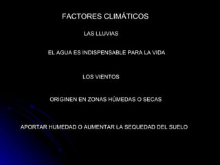 FACTORES CLIMÁTICOS  LAS LLUVIAS   EL AGUA ES INDISPENSABLE PARA LA VIDA   LOS VIENTOS   ORIGINEN EN ZONAS HÚMEDAS O SECAS   APORTAR HUMEDAD O AUMENTAR LA SEQUEDAD DEL SUELO   