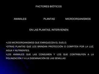 FACTORES BIÓTICOS ANIMALES   PLANTAS   MICROORGANISMOS   LOS MICROORGANISMOS QUE ENRIQUECEN EL SUELO.  OTRAS PLANTAS QUE LES BRINDAN PROTECCIÓN O COMPITEN POR LA LUZ, AGUA Y NUTRIENTES.  LOS ANIMALES QUE LAS CONSUMEN Y LOS QUE CONTRIBUYEN A LA POLINIZACIÓN Y A LA DISEMINACIÓN DE LAS SEMILLAS. EN LAS PLANTAS, INTERVIENEN:  