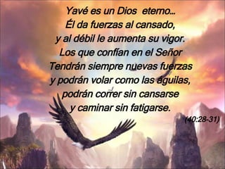 Yavé es un Dios  eterno… Él da fuerzas al cansado, y al débil le aumenta su vigor. Los que confían en el Señor Tendrán siempre nuevas fuerzas y podrán volar como las águilas, podrán correr sin cansarse y caminar sin fatigarse. (40:28-31) 