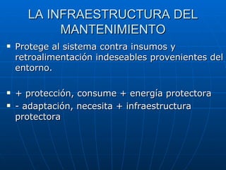 LA INFRAESTRUCTURA DEL MANTENIMIENTO Protege al sistema contra insumos y retroalimentación indeseables provenientes del entorno. + protección, consume + energía protectora - adaptación, necesita + infraestructura protectora 