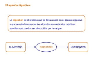 El aparato digestivo: ALIMENTOS NUTRIENTES DIGESTIÓN La  digestión  es el proceso que se lleva a cabo en el aparato digestivo y que permite transformar los alimentos en sustancias nutritivas sencillas que puedan ser absorbidas por la sangre 