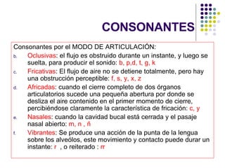 CONSONANTES Consonantes por el MODO DE ARTICULACIÓN: Oclusivas : el flujo es obstruido durante un instante, y luego se suelta, para producir el sonido:  b, p,d, t, g, k Fricativas : El flujo de aire no se detiene totalmente, pero hay una obstrucción perceptible:  f, s, y, x, z Africadas : cuando el cierre completo de dos órganos articulatorios sucede una pequeña abertura por donde se desliza el aire contenido en el primer momento de cierre, percibiéndose claramente la característica de fricación:  c, y Nasales : cuando la cavidad bucal está cerrada y el pasaje nasal abierto:  m, n , ñ Vibrantes : Se produce una acción de la punta de la lengua sobre los alveólos, este movimiento y contacto puede durar un instante:  r  , o reiterado :  rr 