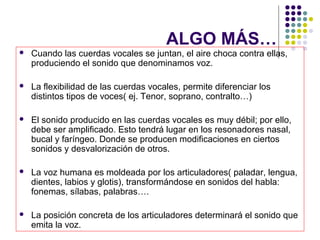 ALGO MÁS…
   Cuando las cuerdas vocales se juntan, el aire choca contra ellas,
    produciendo el sonido que denominamos voz.

   La flexibilidad de las cuerdas vocales, permite diferenciar los
    distintos tipos de voces( ej. Tenor, soprano, contralto…)

   El sonido producido en las cuerdas vocales es muy débil; por ello,
    debe ser amplificado. Esto tendrá lugar en los resonadores nasal,
    bucal y faríngeo. Donde se producen modificaciones en ciertos
    sonidos y desvalorización de otros.

   La voz humana es moldeada por los articuladores( paladar, lengua,
    dientes, labios y glotis), transformándose en sonidos del habla:
    fonemas, sílabas, palabras….

   La posición concreta de los articuladores determinará el sonido que
    emita la voz.
 