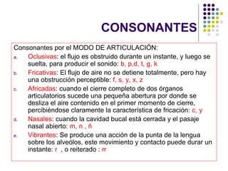 CONSONANTES
Consonantes por el MODO DE ARTICULACIÓN:
a.  Oclusivas: el flujo es obstruido durante un instante, y luego se
    suelta, para producir el sonido: b, p,d, t, g, k
b.  Fricativas: El flujo de aire no se detiene totalmente, pero hay
    una obstrucción perceptible: f, s, y, x, z
c.  Africadas: cuando el cierre completo de dos órganos
    articulatorios sucede una pequeña abertura por donde se
    desliza el aire contenido en el primer momento de cierre,
    percibiéndose claramente la característica de fricación: c, y
d.  Nasales: cuando la cavidad bucal está cerrada y el pasaje
    nasal abierto: m, n , ñ
e.  Vibrantes: Se produce una acción de la punta de la lengua
    sobre los alveólos, este movimiento y contacto puede durar un
    instante: r , o reiterado : rr
 