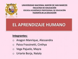 EL APRENDIZAJE HUMANO
UNIVERSIDAD NACIONAL MAYOR DE SAN MARCOS
FACULTAD DE EDUCACIÓN
ESCUELA ACADÉMICO PROFESIONAL DE EDUCACIÓN
FILOSOFÍA DE LA EDUCACIÓN
Integrantes:
o Aragon Manrique, Alessandra
o Paiva Frassinetti, Cinthya
o Vega Pajuelo, Mayra
o Uriarte Borja, Nataly
 