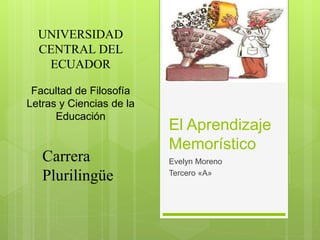 El Aprendizaje
Memorístico
Evelyn Moreno
Tercero «A»
UNIVERSIDAD
CENTRAL DEL
ECUADOR
Facultad de Filosofía
Letras y Ciencias de la
Educación
Carrera
Plurilingüe
 