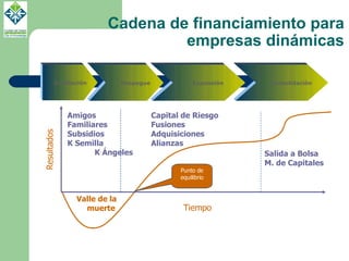Cadena de financiamiento para empresas dinámicas Salida a Bolsa M. de Capitales Tiempo Resultados Valle de la  muerte Punto de equilibrio Amigos Familiares Subsidios K Semilla K Ángeles  Capital de Riesgo Fusiones Adquisiciones Alianzas Incubación Expansión Consolidación Despegue 