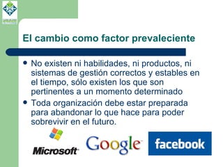 El cambio como factor prevaleciente No existen ni habilidades, ni productos, ni sistemas de gestión correctos y estables en el tiempo, sólo existen los que son pertinentes a un momento determinado Toda organización debe estar preparada para abandonar lo que hace para poder sobrevivir en el futuro. 