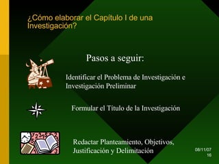 ¿Cómo elaborar el Capítulo I de una Investigación? Pasos a seguir: Identificar el Problema de Investigación e Investigación Preliminar Formular el Título de la Investigación Redactar Planteamiento, Objetivos, Justificación y Delimitación 