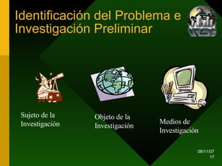 Identificación del Problema e Investigación Preliminar Sujeto de la Investigación Objeto de la Investigación Medios de Investigación 