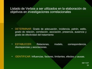 Listado de Verbos a ser utilizados en la elaboración de objetivos en investigaciones correlacionales DETERMINAR:  Grado de adecuación, incidencia, patrón, estilo, grado de relación, correlación, asociación, presencia, ausencia y grado de efectividad del tratamiento ESTABLECER:  Relaciones, modelo, correspondencia, discrepancias y asociaciones. I DENTIFICAR:  Influencias, factores, limitantes, efectos y causas. 