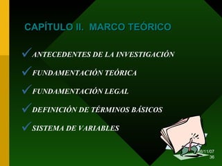 CAPÍTULO II.  MARCO TEÓRICO ANTECEDENTES DE LA INVESTIGACIÓN FUNDAMENTACIÓN TEÓRICA  FUNDAMENTACIÓN LEGAL  DEFINICIÓN DE TÉRMINOS BÁSICOS SISTEMA DE VARIABLES  