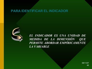 PARA IDENTIFICAR EL INDICADOR EL INDICADOR ES UNA UNIDAD DE MEDIDA DE LA DIMENSIÓN  QUE PERMITE ABORDAR EMPÍRICAMENTE LA VARIABLE 