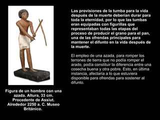 Figura de un hombre con una azada. Altura, 33 cm. Procedente de Assiut. Alrededor 2250 a. C. Museo Británico.  Las provisiones de la tumba para la vida después de la muerte deberían durar para toda la eternidad, por lo que las tumbas eran equipadas con figurillas que representaban todas las etapas del proceso de producir el grano para el pan, una de las ofrendas principales para mantener el difunto en la vida después de la muerte.  El empleo de una azada, para romper los terrones de tierra que no podía romper el arado, podía constituir la diferencia entre una cosecha buena y otra pobre. Esto, en última instancia, afectaría a lo que estuviera disponible para ofrendas para sostener al difunto.  