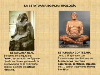 LA ESTATUARIA EGIPCIA: TIPOLOGÍA ESTATUARIA REAL Se centra en la figura del  faraón,  encarnación de Egipto e hijo de los dioses, garante de la supervivencia de la civilización egipcia. Siempre en  actitud hierática. ESTATUARIA CORTESANA Junto a él aparecen con frecuencia representaciones de  funcionarios  ( escribas, sacerdotes, contables, alcaldes,  etc...), con un tratamiento  menos hierático . 