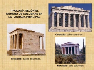 TIPOLOGÍA SEGÚN EL NÚMERO DE COLUMNAS EN LA FACHADA PRINCIPAL Tetrástilo:  cuatro columnas. Hexástilo:  seis columnas. Octástilo:  ocho columnas 