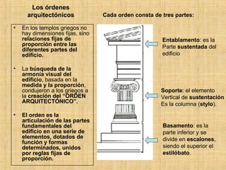 Los órdenes arquitectónicos En los templos griegos no hay dimensiones fijas, sino  relaciones fijas de proporción entre las diferentes partes del edificio. La  búsqueda de la armonía visual del edificio , basada en la  medida y la proporción , condujeron a los griegos a la  creación del “ORDEN ARQUITECTÓNICO”.   El orden es   la articulación de las partes fundamentales del edificio en una serie de elementos, dotados de función y formas determinados, unidos por reglas fijas de proporción. Cada orden consta de tres partes:   Entablamento : es la Parte  sustentada  del  edificio Soporte : el elemento Vertical de  sustentación Es la columna ( stylo ). Basamento : es la parte inferior y se divide en  escalones , siendo el superior el  estilóbato .  