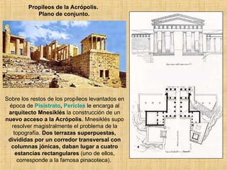 Propileos de la Acrópolis.  Plano de conjunto. Sobre los restos de los propíleos levantados en época de  Pisístrato ,  Pericles  le encarga al  arquitecto Mnesiklés  la construcción de un  nuevo acceso a la Acrópolis . Mnesiklés supo resolver magistralmente el problema de la topografía.  Dos terrazas superpuestas, divididas por un corredor transversal con columnas jónicas, daban lugar a cuatro estancias rectangulares  (uno de ellos, corresponde a la famosa pinacoteca).  
