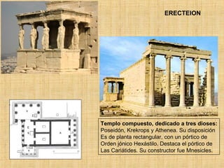 ERECTEION Templo compuesto, dedicado a tres dioses: Poseidón, Krekrops y Athenea. Su disposición Es de planta rectangular, con un pórtico de Orden jónico Hexástilo. Destaca el pórtico de Las Cariátides. Su constructor fue Mnesicles. 