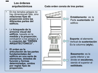 Los órdenes
arquitectónicos
• En los templos griegos no
hay dimensiones fijas, sino
relaciones fijas de
proporción entre las
diferentes partes del
edificio.
• La búsqueda de la
armonía visual del
edificio, basada en la
medida y la proporción,
condujeron a los griegos a
la creación del “ORDEN
ARQUITECTÓNICO”.
• El orden es la
articulación de las partes
fundamentales del
edificio en una serie de
elementos, dotados de
función y formas
determinados, unidos
por reglas fijas de
proporción.
Cada orden consta de tres partes:
Entablamento: es la
Parte sustentada del
edificio
Soporte: el elemento
Vertical de sustentación
Es la columna (stylo).
Basamento: es la
parte inferior y se
divide en escalones,
siendo el superior el
estilóbato.
 