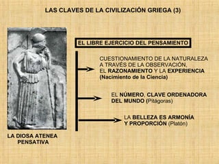LAS CLAVES DE LA CIVILIZACIÓN GRIEGA (3) EL LIBRE EJERCICIO DEL PENSAMIENTO CUESTIONAMIENTO DE LA NATURALEZA A TRAVÉS DE LA OBSERVACIÓN,  EL  RAZONAMIENTO  Y LA  EXPERIENCIA (Nacimiento de la Ciencia) EL  NÚMERO ,  CLAVE ORDENADORA DEL MUNDO ( Pitágoras) LA  BELLEZA   ES ARMONÍA Y PROPORCIÓN  (Platón) LA DIOSA ATENEA  PENSATIVA 