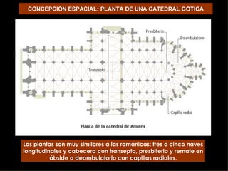 CONCEPCIÓN ESPACIAL: PLANTA DE UNA CATEDRAL GÓTICA CABECERA CRUCERO o transepto PÓRTICOS Las plantas son muy similares a las románicas: tres o cinco naves longitudinales y cabecera con transepto, presbiterio y remate en ábside o deambulatorio con capillas radiales. 
