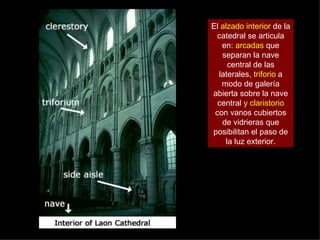 El  alzado interior  de la catedral se articula en:  arcadas  que separan la nave central de las laterales , triforio  a modo de galería abierta sobre la nave central  y claristorio  con vanos cubiertos de vidrieras que posibilitan el paso de la luz exterior. 