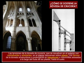 ¿CÓMO SE SOSTIENE LA BÓVEDA DE CRUCERÍA? Las tensiones de la bóveda de crucería, que se resuelven en el  exterior  con  contrafuertes  y  arbotantes , en el  interior  descansan sobre  pilares . Los  nervios  de la bóveda acostumbran a prolongarse en  baquetones  o columnillas adosadas a lo largo del fuste de los pilares, hasta el suelo.  