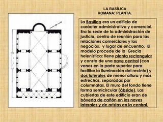 LA BASÍLICA ROMANA: PLANTA. La  Basílica  era un edificio de carácter administrativo y comercial. Era la sede de la administración de justicia, centro de reunión para las relaciones comerciales y los negocios,  y lugar de encuentro.  El modelo procede de la  Grecia helenística: tiene  planta rectangular  y consta de una  nave central  (con vanos en la parte superior para facilitar la iluminación del recinto) y  dos laterales  de menor altura y más estrechas, separadas por columnatas. El muro del fondo tiene forma semicircular ( ábside ). Las cubiertas de este edificio eran de  bóveda de cañón  en las naves laterales y de aristas en la central. 