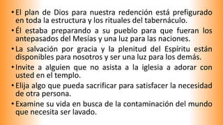 •El plan de Dios para nuestra redención está prefigurado
en toda la estructura y los rituales del tabernáculo.
•Él estaba preparando a su pueblo para que fueran los
antepasados del Mesías y una luz para las naciones.
•La salvación por gracia y la plenitud del Espíritu están
disponibles para nosotros y ser una luz para los demás.
•Invite a alguien que no asista a la iglesia a adorar con
usted en el templo.
•Elija algo que pueda sacrificar para satisfacer la necesidad
de otra persona.
•Examine su vida en busca de la contaminación del mundo
que necesita ser lavado.
 