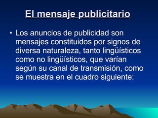 El mensaje publicitario   Los anuncios de publicidad son mensajes constituidos por signos de diversa naturaleza, tanto lingüísticos como no lingüísticos, que varían según su canal de transmisión, como se muestra en el cuadro siguiente:  