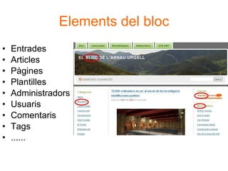 Elements del bloc Entrades Articles Pàgines Plantilles Administradors Usuaris Comentaris Tags ...... 
