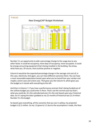 Number 5 is an opportunity to add a percentage change to the usage due to any
other factor. It could be occupancy, more days of occupancy, more occupants. It could
be energy consuming equipment that's being installed in the building. You know,
what have you. Of course, that could be positive or negative.
Column 6 would be the expected percentage change in the average unit cost of, in
this case, electricity. And again, you can have different scenarios there. You can have
a most reasonable expectation based upon what you've heard from your vendor and
maybe a worst-case and a best-case. That gives you the Column R, which gives you
the budget as it stands with everything to the left.
And then in Column 7, if you have a performance contract that's being funded out of
the utilities budget you could enter it there. That's not the normal case but that's
what you could do. 8 is the calendarized cost; 8 is the cost based upon your historical
data. So it's saying the data I grabbed as my 12 months of historical was $1.9 million.
Number 9 is the budget.
So based upon everything, all the scenarios that you see in yellow, my projected
budget is $2.2 million. So my 1.9 grew to 2.2 due to the assumptions I made, the floor
18
 