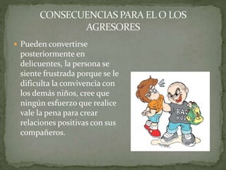  Pueden convertirse
posteriormente en
delicuentes, la persona se
siente frustrada porque se le
dificulta la convivencia con
los demás niños, cree que
ningún esfuerzo que realice
vale la pena para crear
relaciones positivas con sus
compañeros.
 