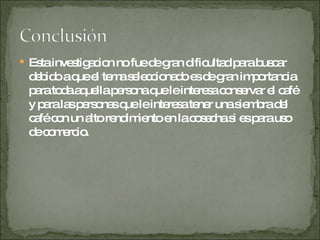 Esta investigacion no fue de gran dificultad para buscar debido a que el tema seleccionado es de gran importancia para toda aquella persona que le interesa conservar el café y para las personas que le interesa tener una siembra del café con un alto rendimiento en la cosecha si es para uso de comercio. 