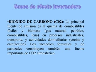 DIOXIDO DE CARBONO (C02) : La principal fuente de emisión es la quema de combustibles fósiles y biomasa (gas natural, petróleo, combustibles, leña) en procesos industriales, transporte, y actividades domiciliarias (cocina y calefacción). Los incendios forestales y de pastizales constituyen también una fuente importante de CO2 atmosférico. Gases de efecto invernadero 