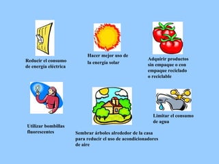 Hacer mejor uso de la energía solar Utilizar bombillas fluorescentes Limitar el consumo de agua Sembrar árboles alrededor de la casa para reducir el uso de acondicionadores de aire Adquirir productos sin empaque o con empaque reciclado o reciclable Reducir el consumo de energía eléctrica 