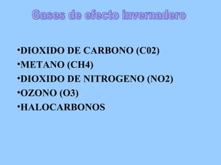 DIOXIDO DE CARBONO (C02) METANO (CH4) DIOXIDO DE NITROGENO (NO2) OZONO (O3) HALOCARBONOS Gases de efecto invernadero 