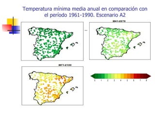 Temperatura mínima media anual en comparación con el período 1961-1990. Escenario A2 