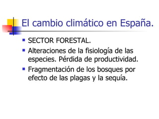 El cambio climático en España. SECTOR FORESTAL. Alteraciones de la fisiología de las especies. Pérdida de productividad. Fragmentación de los bosques por efecto de las plagas y la sequía. 