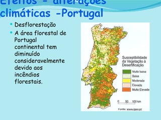 Efeitos - alterações climáticas -Portugal Desflorestação A área florestal de Portugal continental tem diminuído consideravelmente devido aos incêndios florestais. 