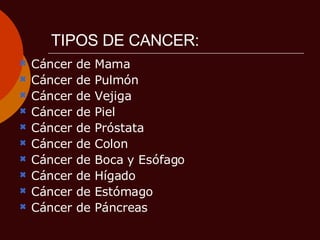 TIPOS DE CANCER: Cáncer de Mama Cáncer de Pulmón Cáncer de Vejiga  Cáncer de Piel  Cáncer de Próstata Cáncer de Colon Cáncer de Boca y Esófago Cáncer de Hígado Cáncer de Estómago Cáncer de Páncreas 