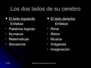 Los dos lados de su cerebro El lado izquierdo   Enfatiza  Palabras logicas Numeros Matematicas Secuencia El lado derecho Enfatiza Rima  Ritmo Musica Imágenes Imaginacion 