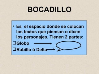 BOCADILLO Es  el espacio donde se colocan los textos que piensan o dicen los personajes. Tienen 2 partes: Globo Rabillo ó Delta 