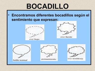 BOCADILLO Encontramos diferentes bocadillos según el sentimiento que expresan: 