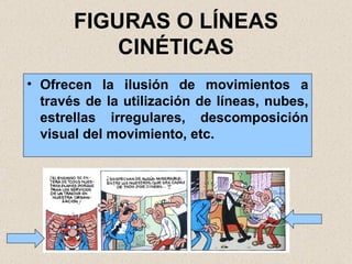 FIGURAS O LÍNEAS CINÉTICAS Ofrecen la ilusión de movimientos a través de la utilización de líneas, nubes, estrellas irregulares, descomposición visual del movimiento, etc. 